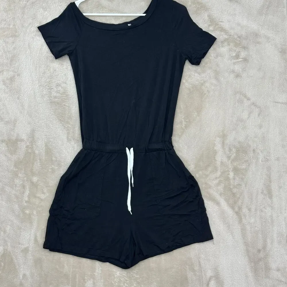 Beachsissi Romper Womens Medium Black Off Shoulder Elastic Waist Shorts Casual